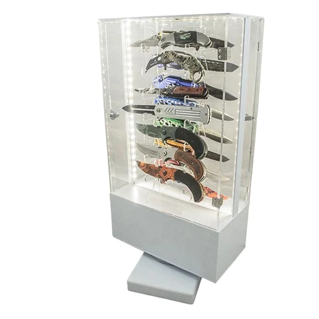 Professional Manufacture Countertop Metal and Plastic Knife Display Stand Sword Swiss Army Knife Rotating Display Rack With LED
