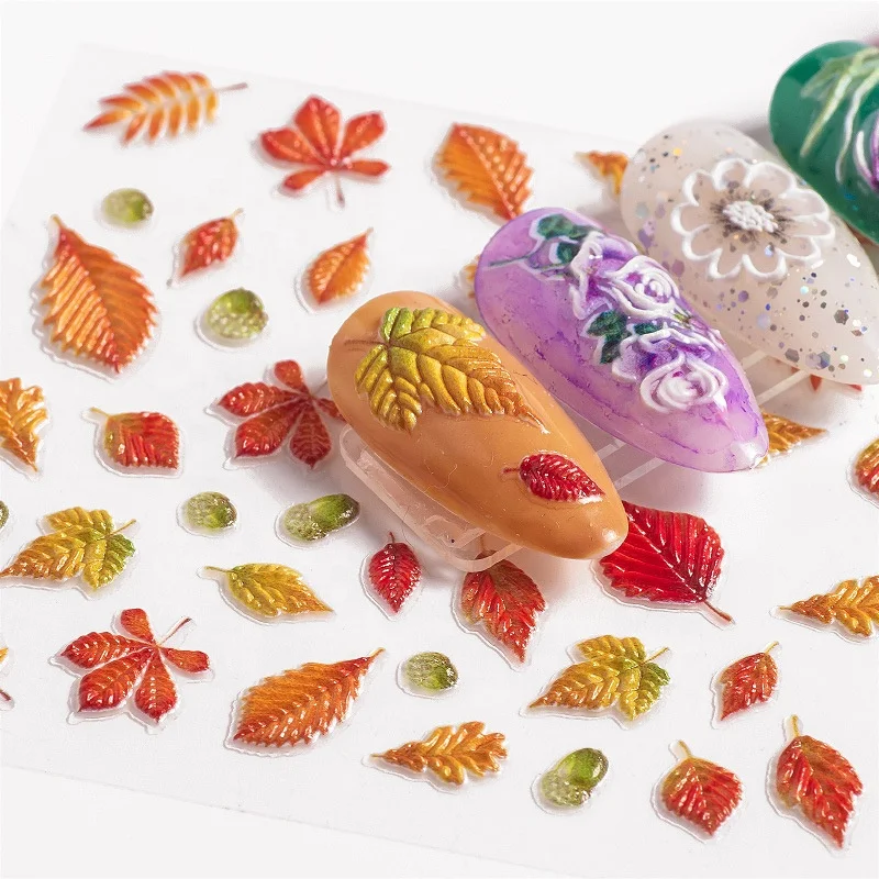 В форме цветка в форме листа 5D тиснением Наклейки для ногтей, переводятся на ногти с помощью клейкой пленки