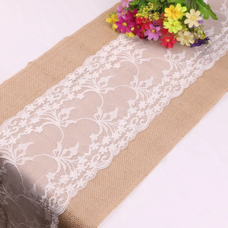 Boho style 30cm wide cheesecloth dining room burlap jute dining table runner with lace home decoration