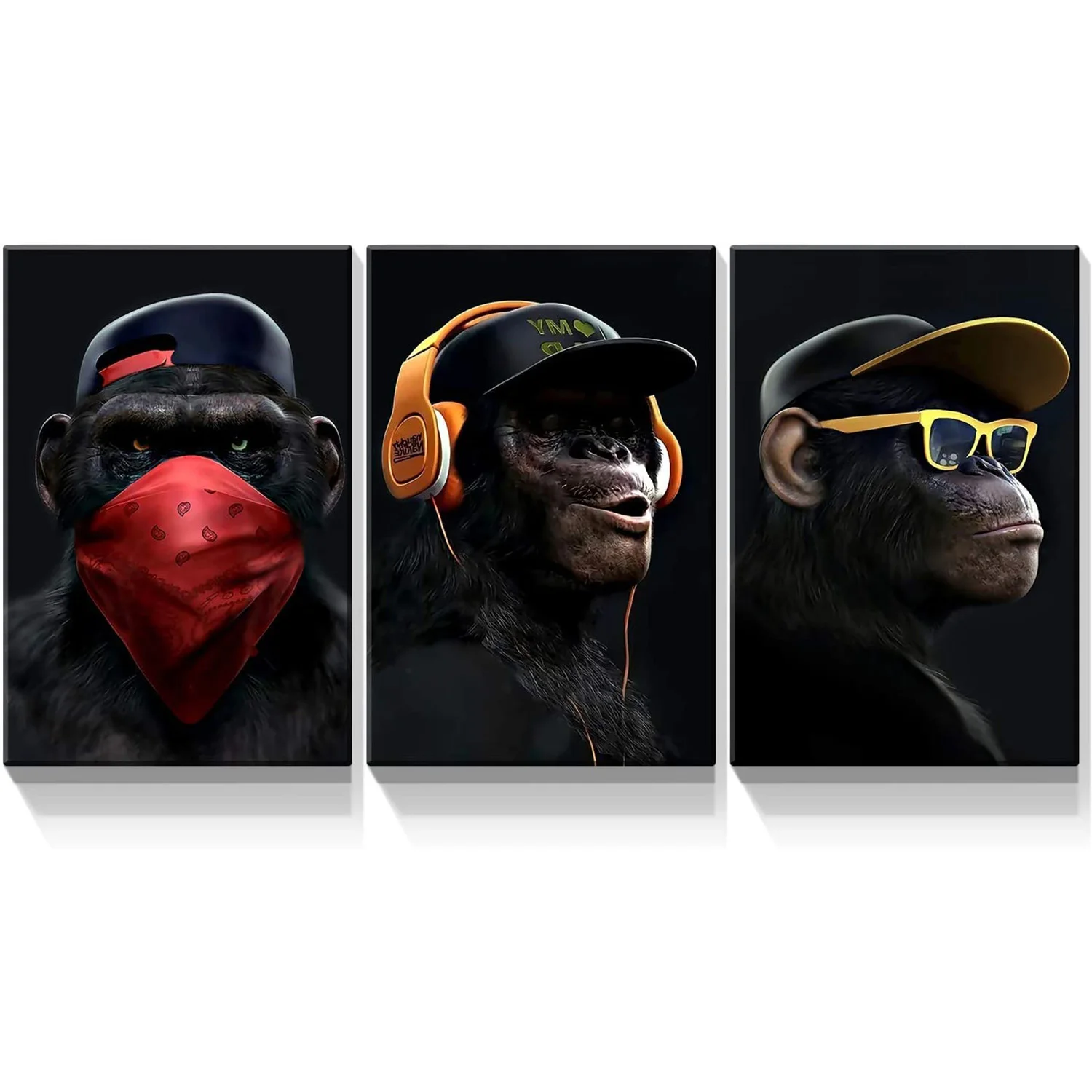 Listen to Music Gorilla 3 Panel  Abstract Animal stretched painting wall art prints on canvas
