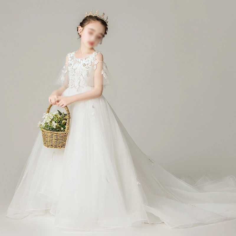 2024 kids formal gown birthday party wedding performance princess dress children white tulle flower girls dress with train