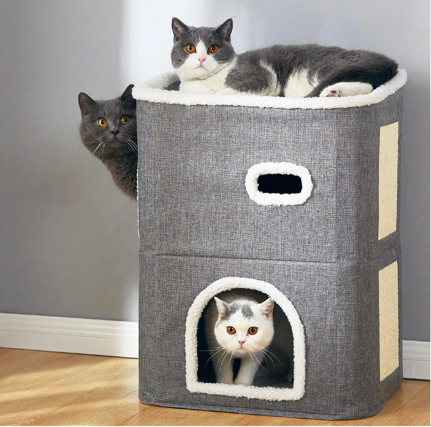 2-Storey Covered House Cat Beds & Furniture With Scratch Pad Hideaway Cave Cute Modern Condo For Multi Small Pet Large Kitten