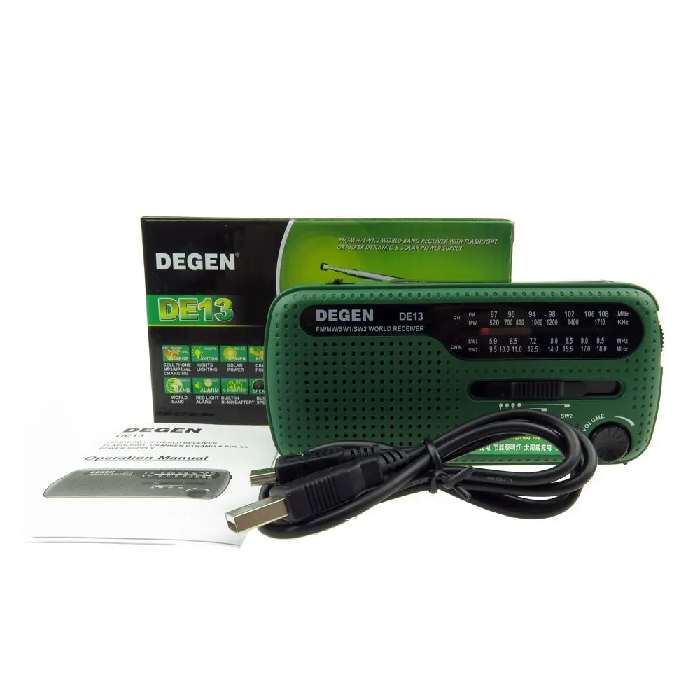 DEGEN DE13 Hand-Crank Dynamo Solar Emergency FM MW SW World Radio Receiver