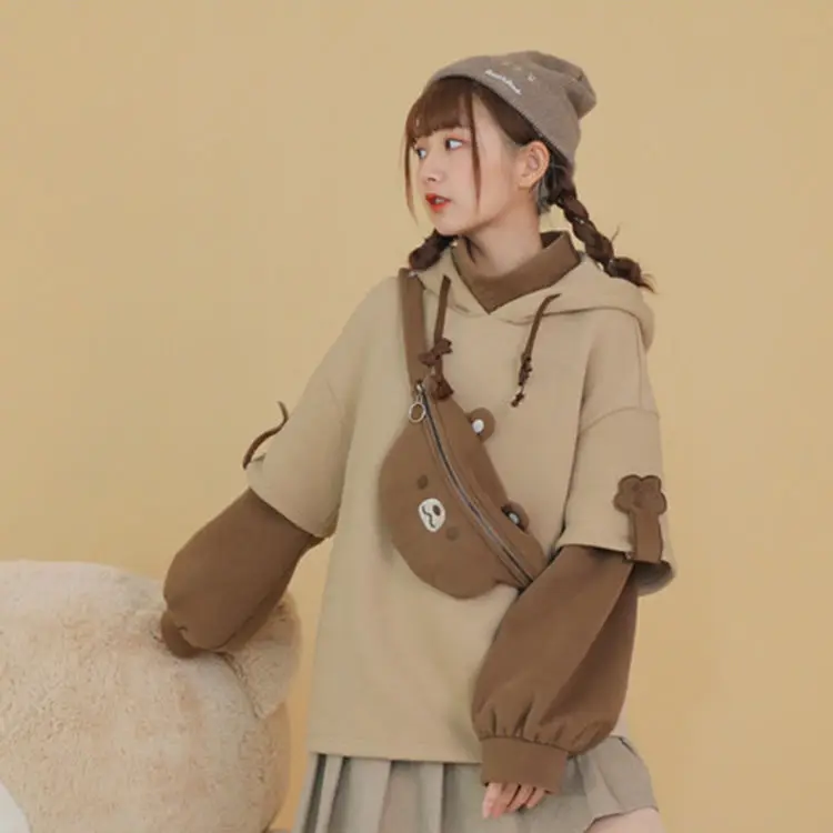  Harajuku эстетику Медведь Аниме Толстовка для женщин в Корейском стиле рубашка с длинными рукавами и круглым вырезом больших размеров уличная Kpop осенне зимняя одежда