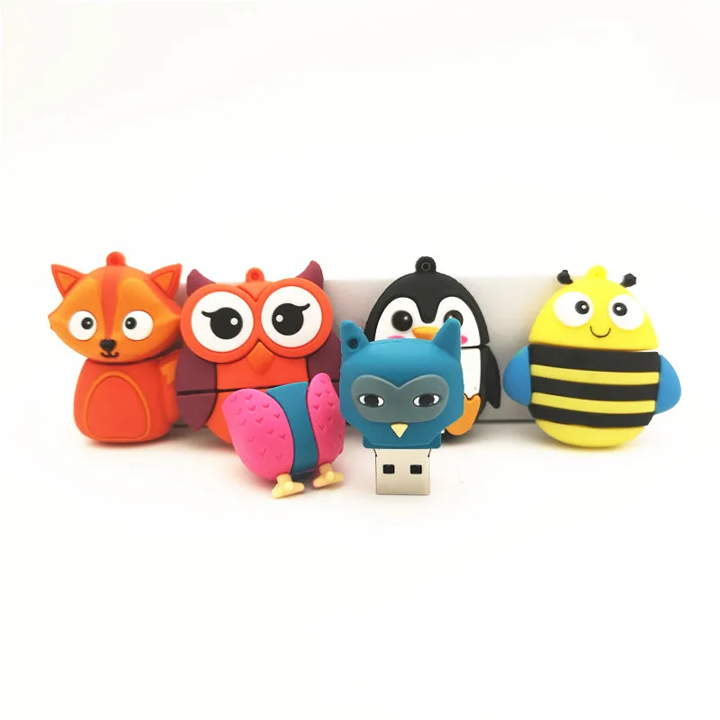 Cartoon Owl / Penguin /Fox / USB Flash Drive 32GB Pen Drive 16GB 8GB 4G Cartoon PVC U disk Silicone Pendrive