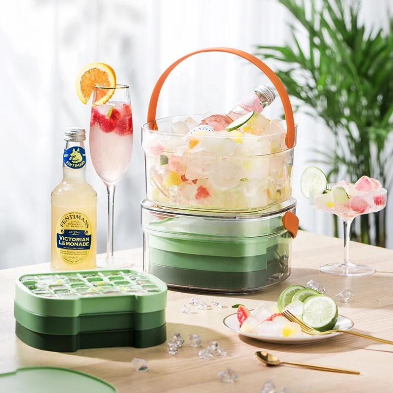 Pinmoo 3 Layer Ice Cube Tray for Freezer with Ice Container Plastic Ice Cube Tray 90 Cube with Lid and Bin