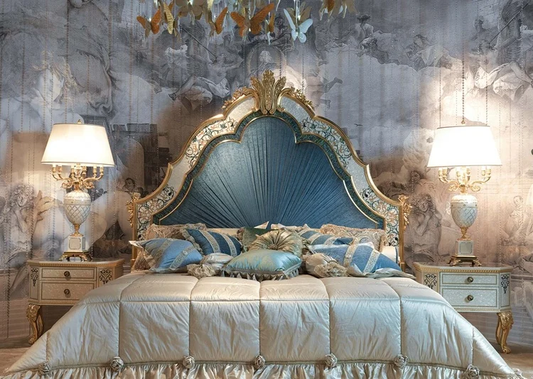 Antique design solid wood bedroom set  and dresser with mirrored  luxury bed furniture