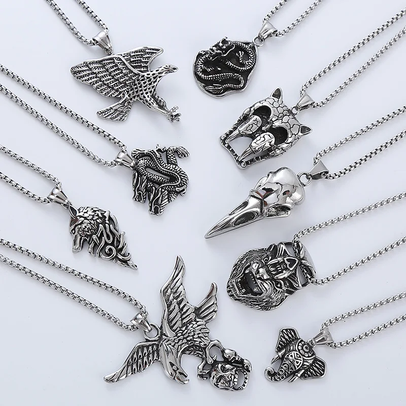 Hip Hop Stainless Steel  Mens Animal Necklace  Pendant Chain Dragon Snake Hawk Eagle Elephant Monkey WolfJewelry Necklaces Gift