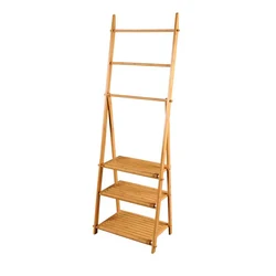 Wholesale bathroom furniture standing natural bamboo wood 3 tier corner storage ladder shelf towel rack