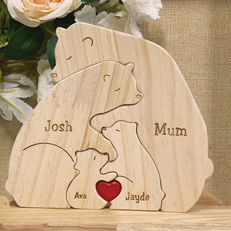 Wooden Bear Family Puzzle Engraved Family Name Puzzle Animal Family Keepsake Gift for Parents Home Decor Gift for Kids