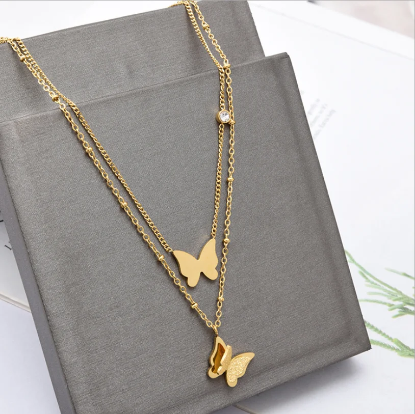 New Arrival Double Layer High Polished Frosted Butterfly Pendant Necklace 316L Stainless Steel Jewelry Necklace