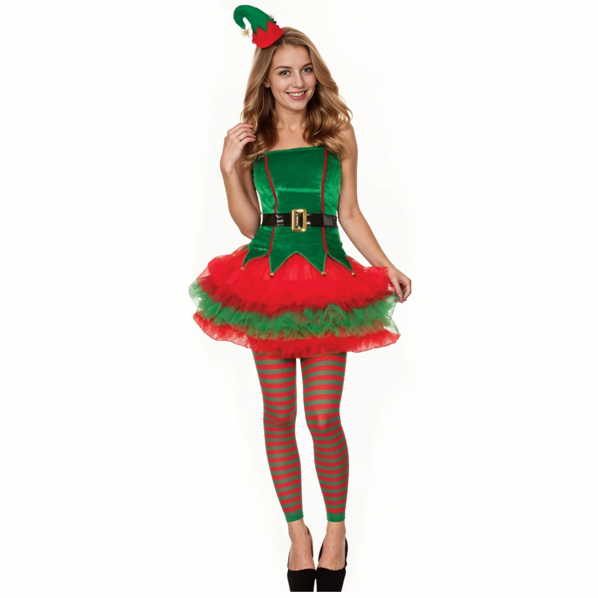 Sexy Christmas Costume Sassy Elf Adult Costume includes a clip on hat, top, belt, tutu, and tights Women Santa Claus Costume