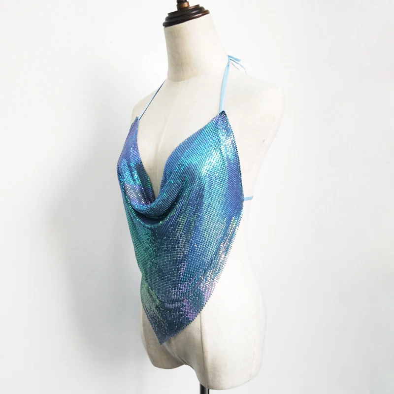 Summer Women Night Club Beach Wear Clothing Metallic Sequin Bikini Chain Mail Metal Mesh Crop Top