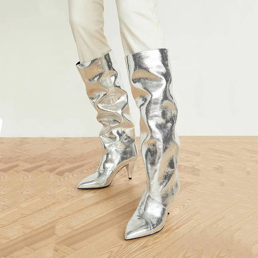 Pointed Toe Wide Calf Pull On Women Winter Fashion Knee High Boots High Quality Microfiber Leather Spike Heels Long Boots