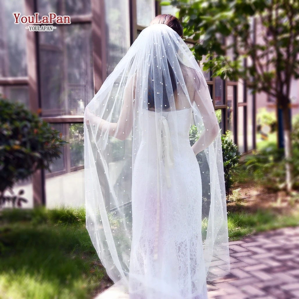 
YouLaPan V05 Pearl Bridal Veils with 3 Meters Trim Beaded Cathedral Wedding Tulle Wedding Weil 