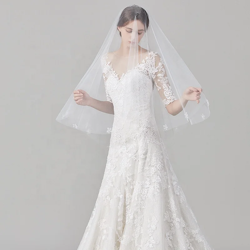 Handmade Lace Veil Bride Hair Accessories Floral Pearl Soft Tulle Two-Layer Bridal Veil Luxury for Wedding Photo Props