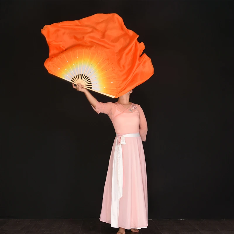 86cm(34 Inch) White Orange Gradient Silk Veils One Pair Big Size Women Classic Bellydance China Folk National Dance Circle Fan