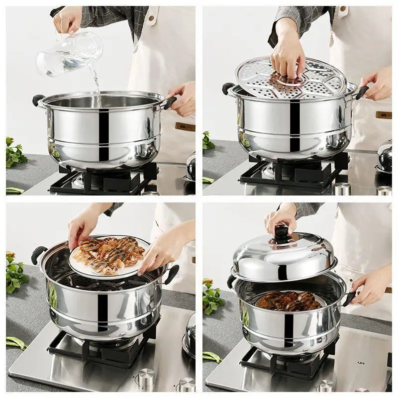 Stainless Steel Steamer Three-layer Pot Soup Double Bottom Gas Induction Cooker with Steam Grid Cooking Cover