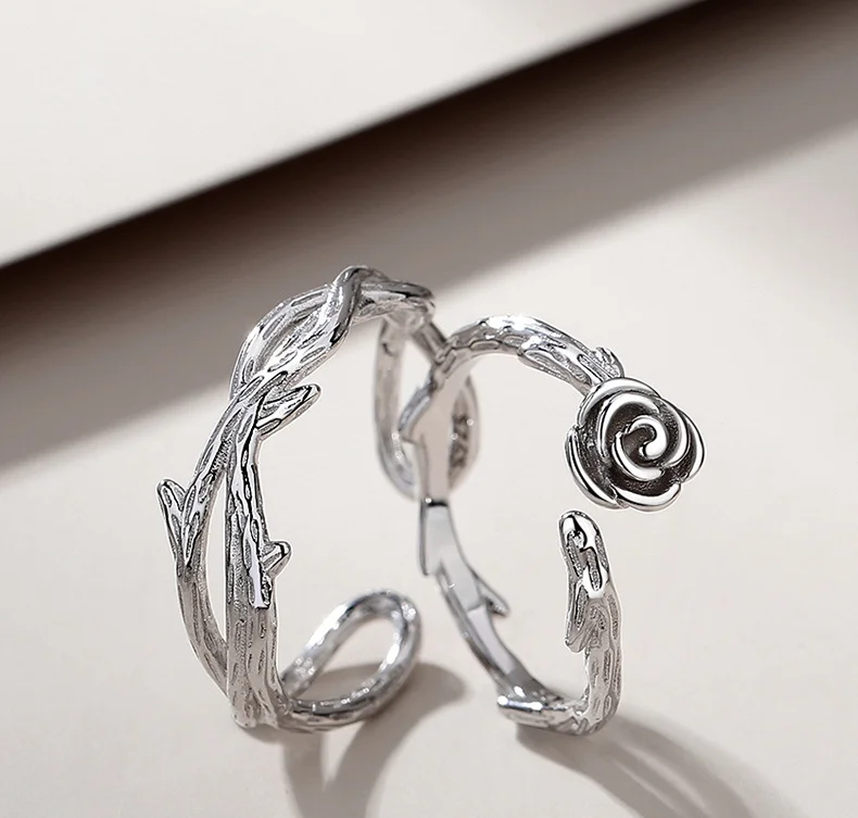 Romantic retro 925 Sterling silver rose shaped couple ring for woman and man