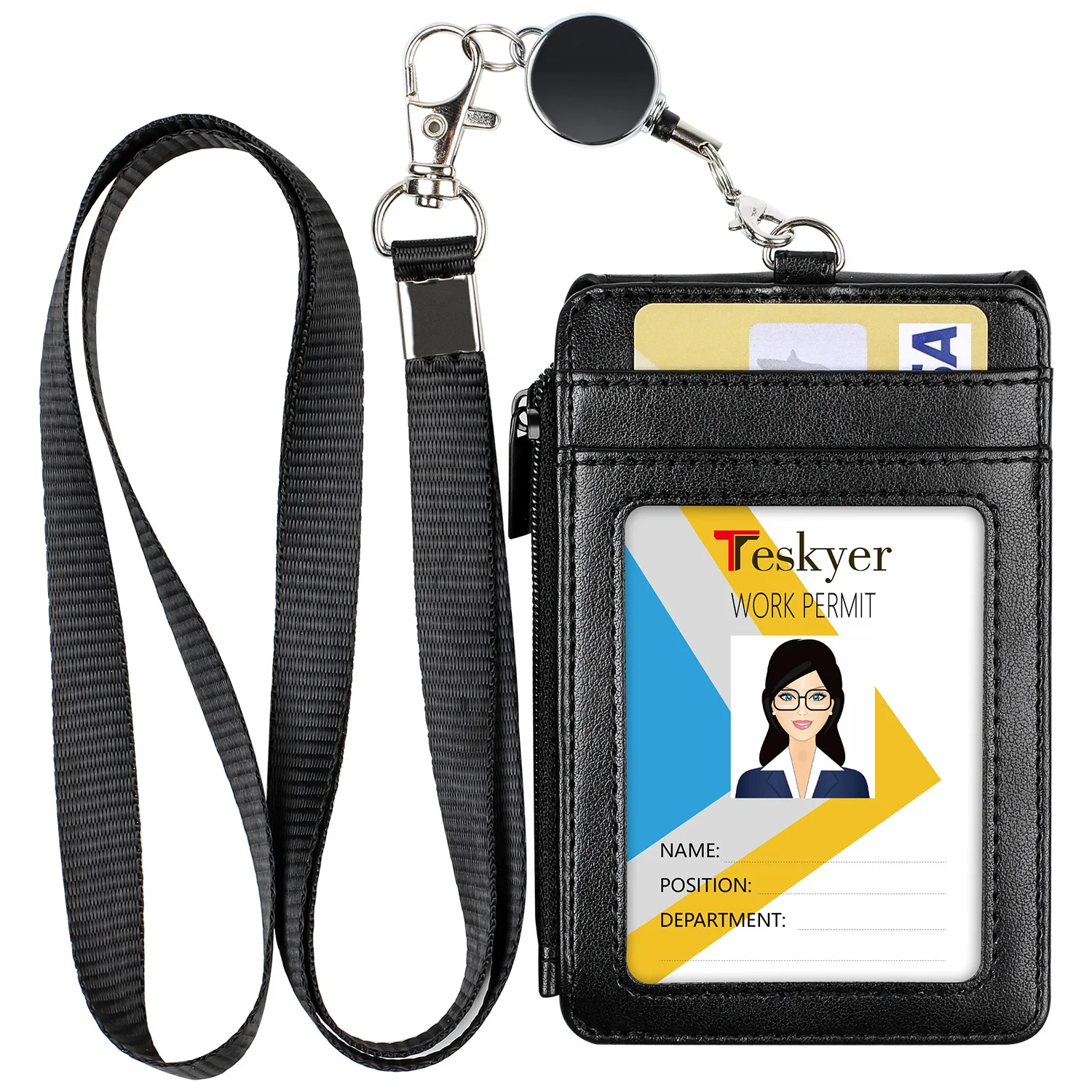Custom High Capacity Id Card Storage Purse Card Holder Buckle With Lanyard Reel Retractable Zipper Cover Head Pu Card Case