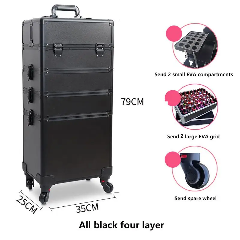 Cosmetics Aluminum Trolley Box, Rolling Makeup Train Case Trolley ,Cosmetic Train Cases on Wheels Large Capacity Traveling case
