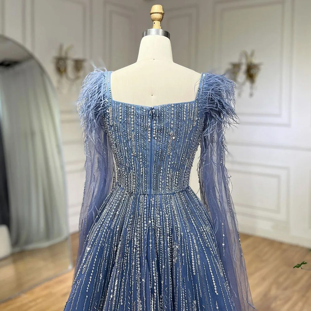 Blue A Line Cape Sleeves Feathers Beaded Dubai Evening Dresses Serene Hill LA72236 Wedding Party Gowns 2024 For Women