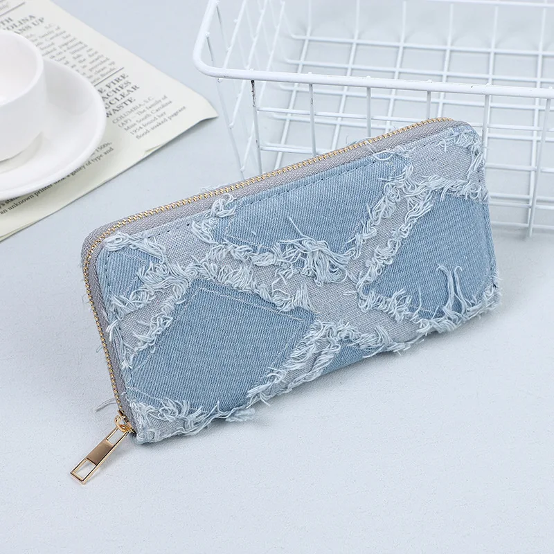 Fashion Scratched Denim Coin Purse Personality Large Capacity Ladies Long Purse Good Quality Credit Card Wallet