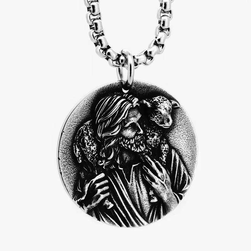 SS8-1093P Religious Series Christian Jesus Shepherd Catholic Pendant Necklace For Men Pure Tin Necklace Chain Punk Necklace