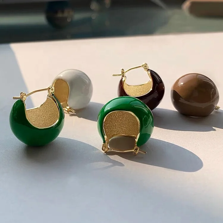 peichi INS fashion brass18k gold plated BV green enamel dangle ball earrings enamel jewelry for modern ladies