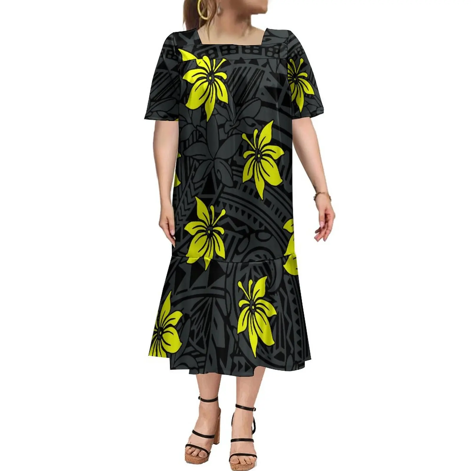 Hot Selling Custom Polynesian Tribal Design Micronesian Mumu Dress Women Elegant Square Collar Short Sleeve Fishtail Midi Dress