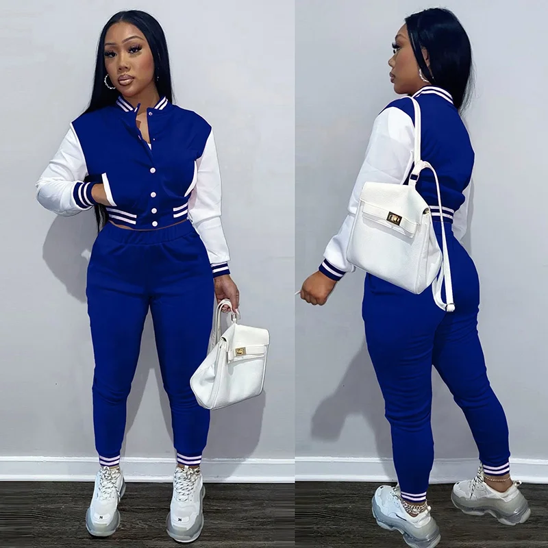 Womens Two Piece Sets Baseball Uniform Letterman Varsity Jacket Pants Suit Matching Streetwear Patchwork Sweatsuit Tracksuits