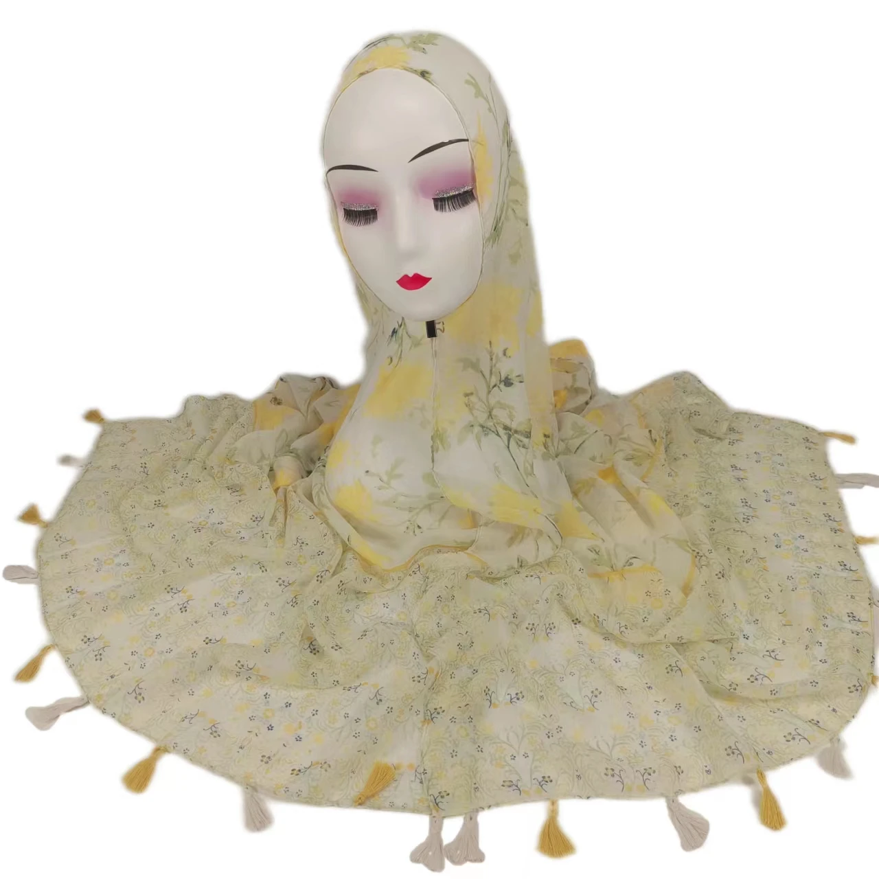 Wholesale Customized Ladies Printed Cotton Viscose Bandana Shawl Fashion Women Stitched Flower Cotton Tassel Scarf