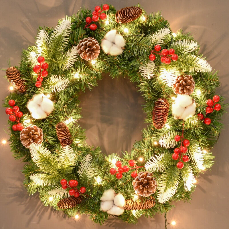 2022 New Beautiful Golden Warm LED Christmas Wreath Artificial Natural Pine Ball Wreath