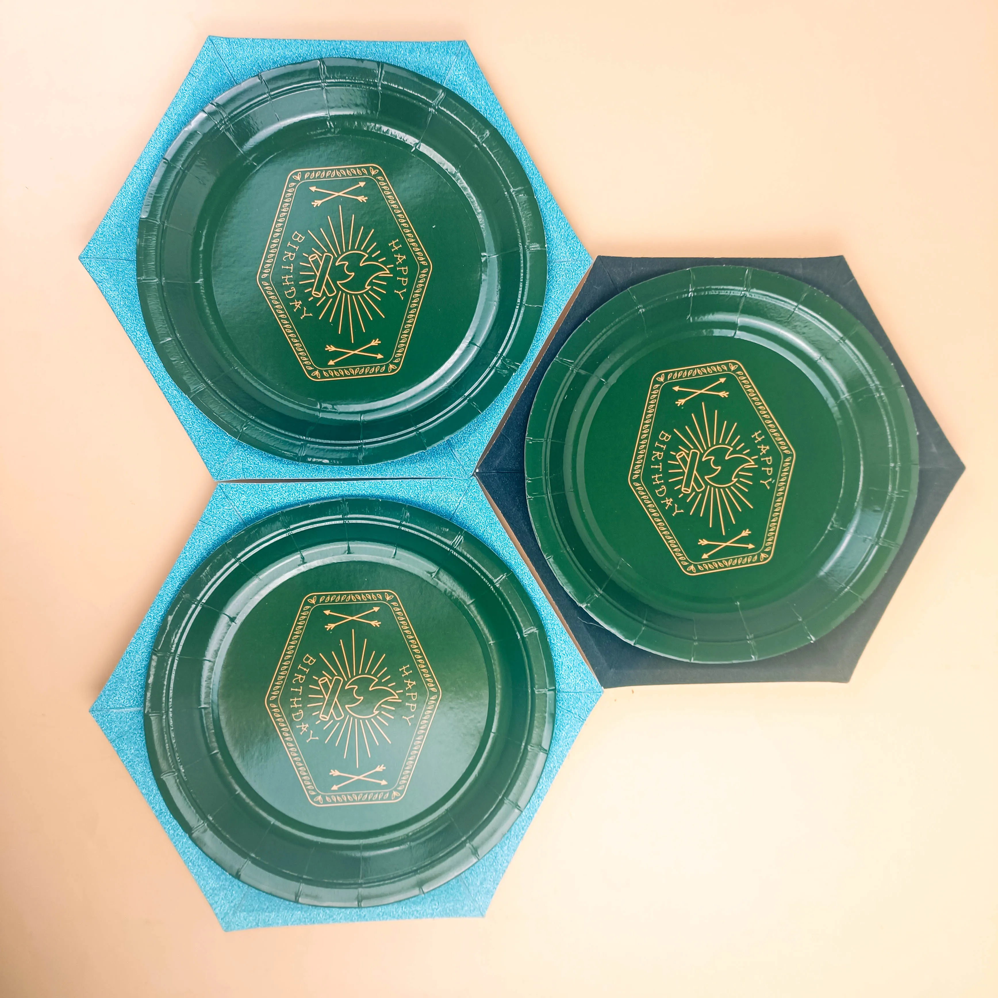 Disposable Hot Stamping Theme Degradable Dark Green Tableware Decorations Cutlery Set Banner Flame Pattern party kit