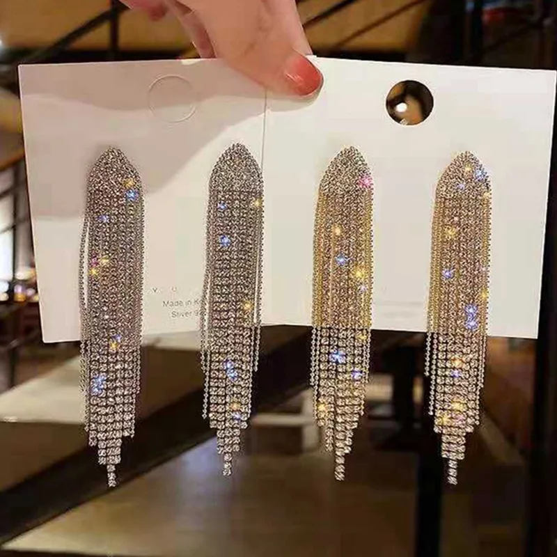 Luxury gold plated long crystal tassel exaggerated dangle statement drop earrings for party girls