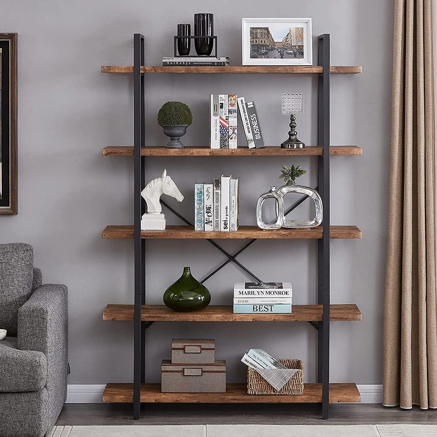 Деревянная металлическая мебель открытый Etagere книжный шкаф с 5 полками промышленная книжная