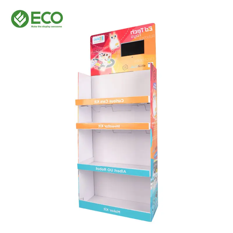 Custom Printing PVC Board Corrugated Free Standing Shop POS Display With Lcd Waterproof Bag Tell Phone Paper Display Shelf
