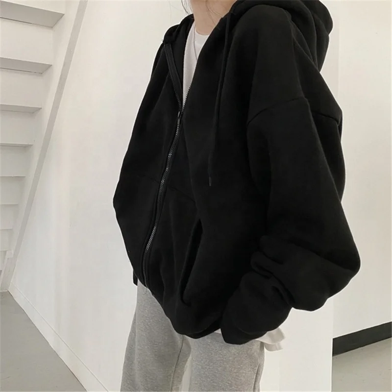 New arrival autumn ladies sweatshirt female solid color loose fashion zip up hoodies jogger top women casual thick coat