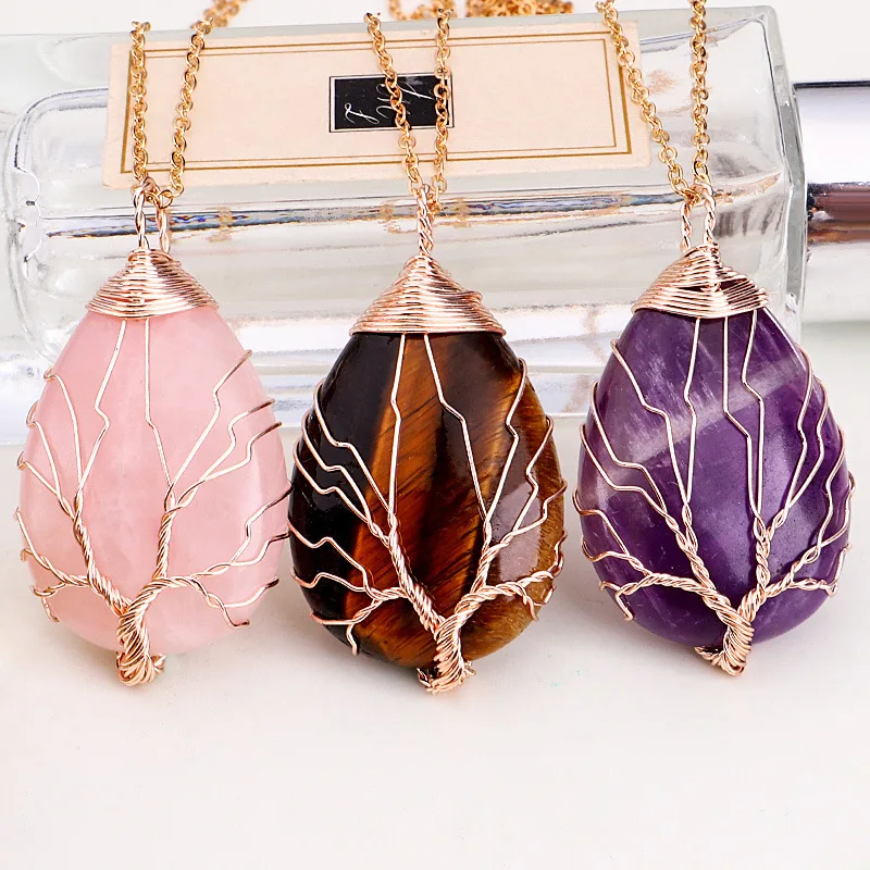 Trendy Luxury Handmade Braided Copper Wire Tree Of Life Woman Waterdrop Shape Gem Natural Stone Pendant Necklace Jewelry