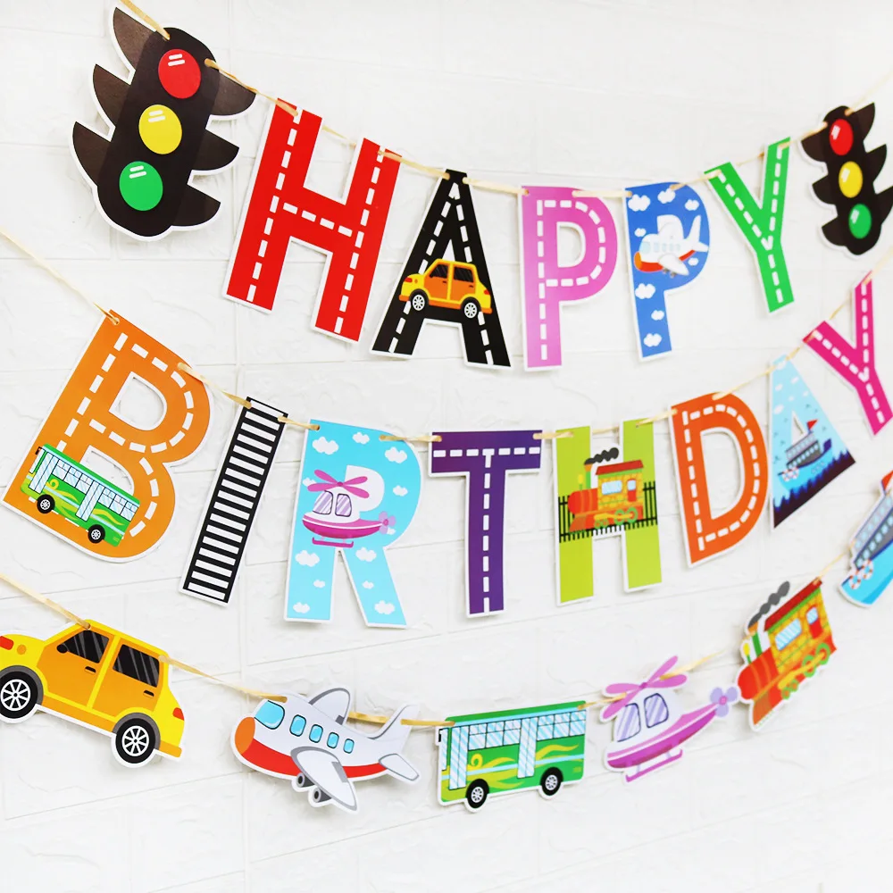 
Airplane Car Excavator Ship Transporter Theme Letter Happy Birthday Banner Flag Children Favor Party Flag Supplies 