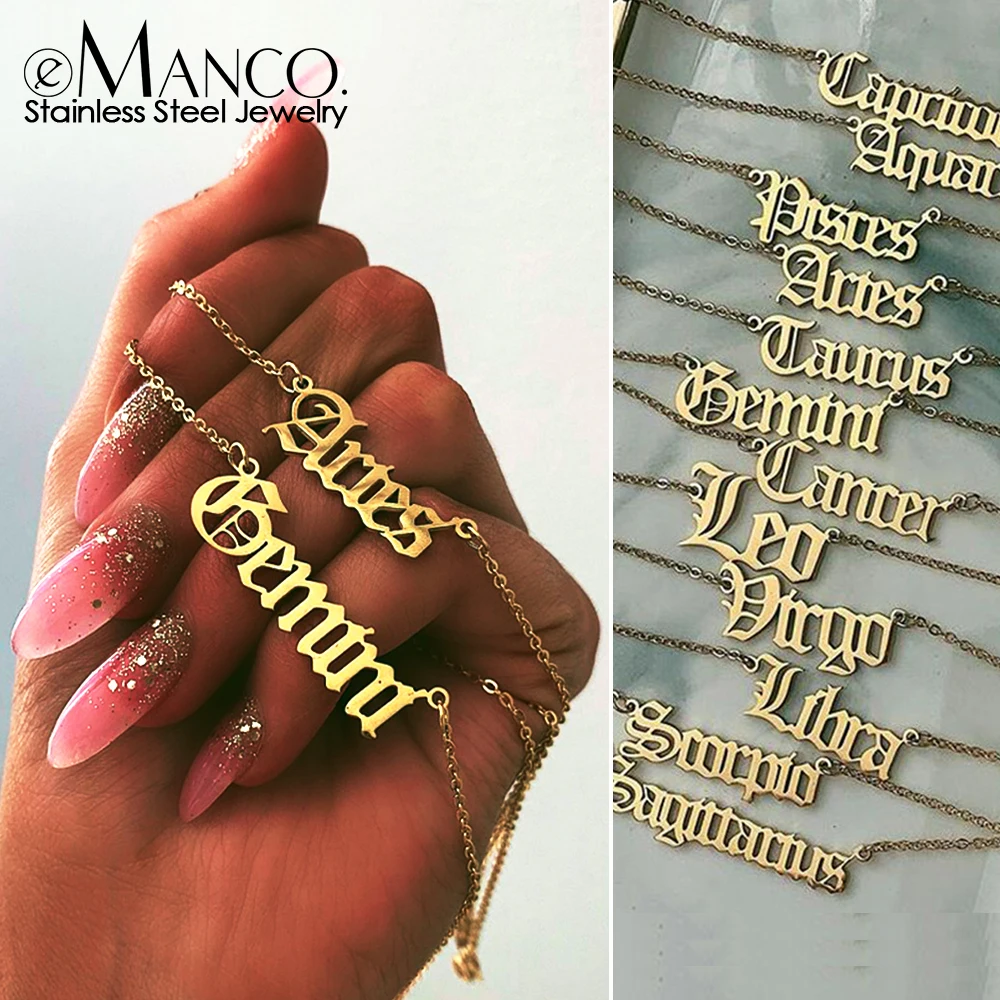 eManco Custom Gold stainless steel Letter 12 Zodiac Necklace women Constellation Chain Choker Necklace Jewelry for women Gift