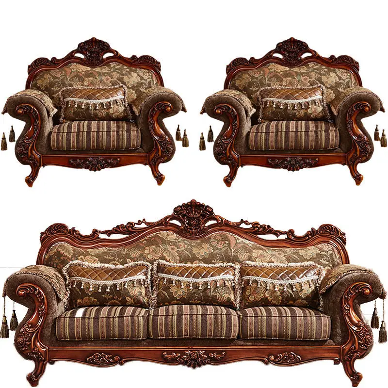 Luxurious European Fabric Sofa Villa Living Room Furniture Solid Wood Carving American Sofa Couch Combination Furniture