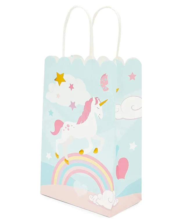 Bulk custom logo cartoon design baby shower birthday colorful foldable cute unicorn kraft paper bags with  handle