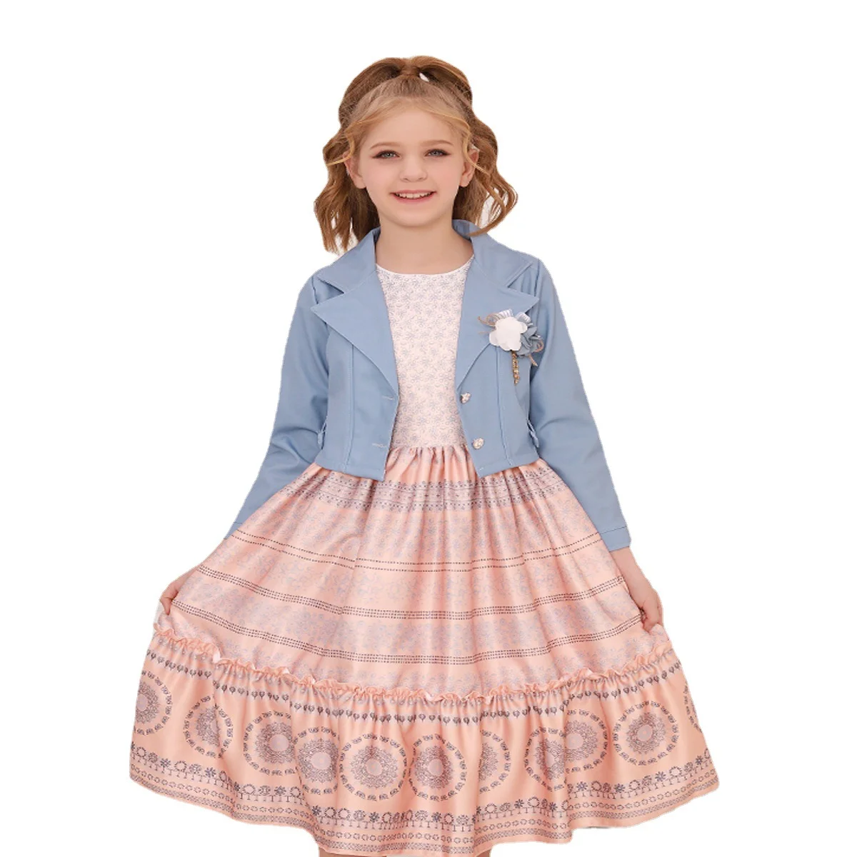 2023 Spring Printed Dress For Little Girls Long Sleeve Coat Knee-Length Skirt