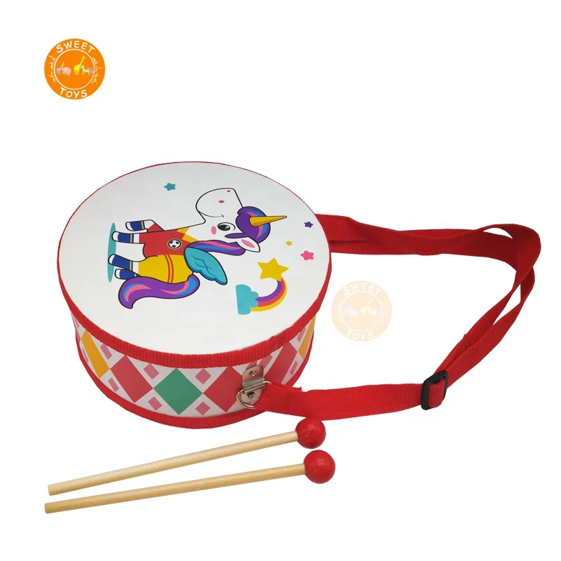 Sensory Musical Instrument Toys 6 inch Wooden Drum Toys with an Adjustable Strap and 2 Drumsticks for Toddler Kids