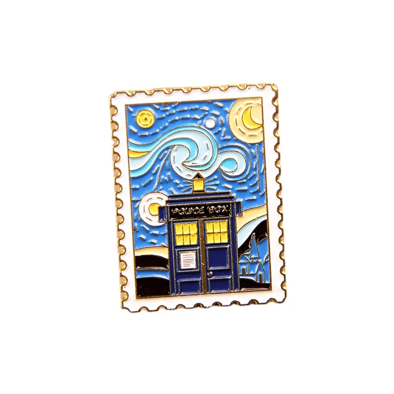A time machine under the stars a Tardis stamp brooch a Van Gogh oil painting medallion