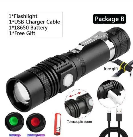 3 Modes Zoomable Skid-proof Aluminium 2000mah 10w T6 Waterproof Flash Light Usb Rechargeable Led Tactical Flashlight with Clip