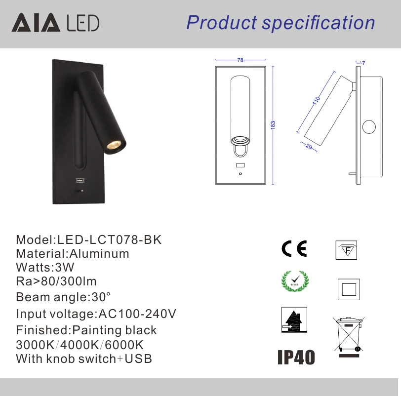 Recessed mounted  3W led foldable USB wall reading lamp bedside wall lamps bedroom accordion bed wall light for hotel villa