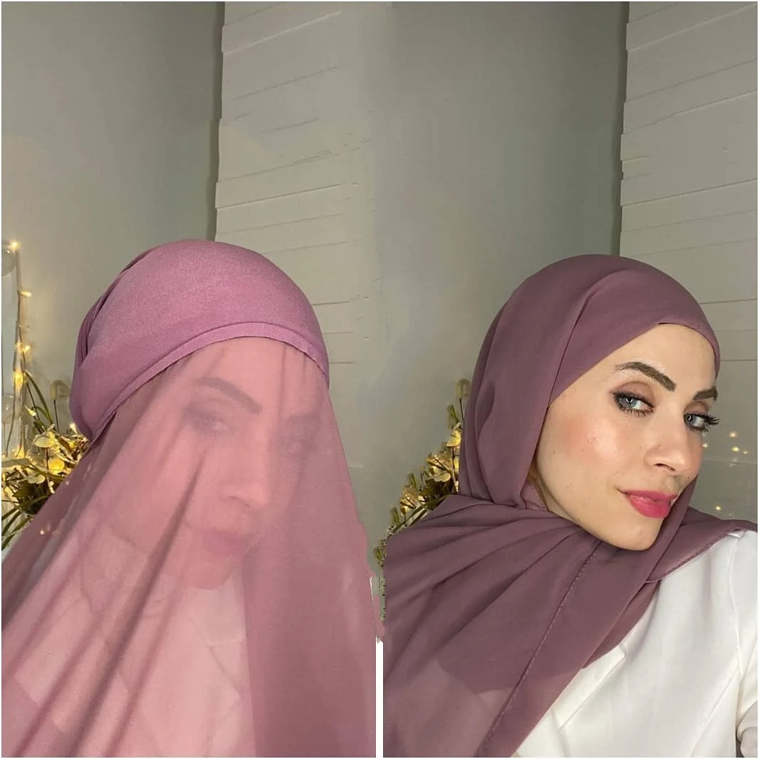 Новый индивидуальный простой шифоновый хиджаб с внутренним трикотажным верхом, шапки, головной платок, Длинная атласная подкладка, шапочка, шарф