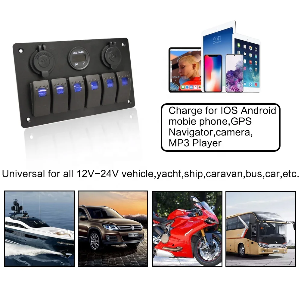  Amomd Car Marine Waterproof Combination Panel 6 Gang 12V Led Rocker Switch Voltmeter USB Charger Socket Cigar